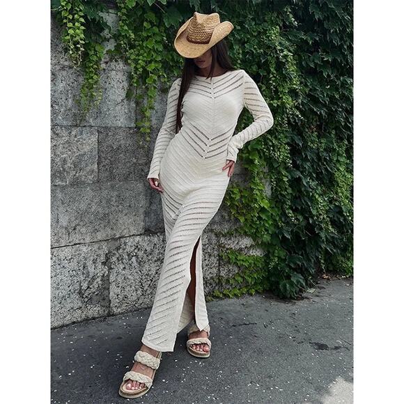 Commense Boho Coastal Knit Cream Stretch Split Hem Long Sleeve Dress Medium - Picture 1 of 6